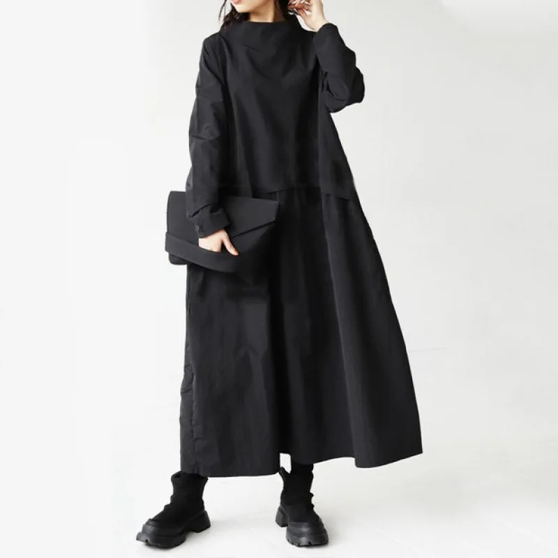 2026 autumn new Japanese and Korean semi-turtleneck loose splicing casual long-sleeved knee dress