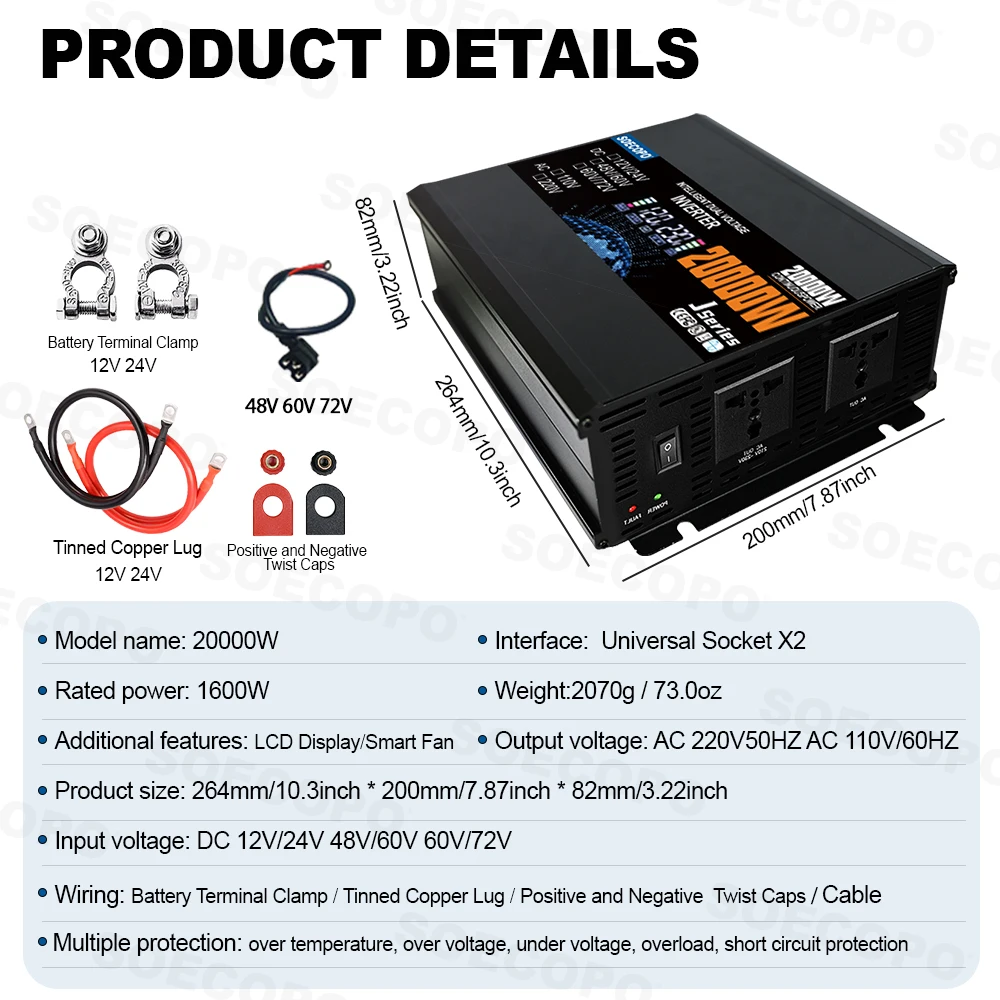 20000W Smart Inverter Dual Voltage Input Solar Current Inverter DC 12V/24V 48V/60V 72V To AC 110/220V Home Camping
