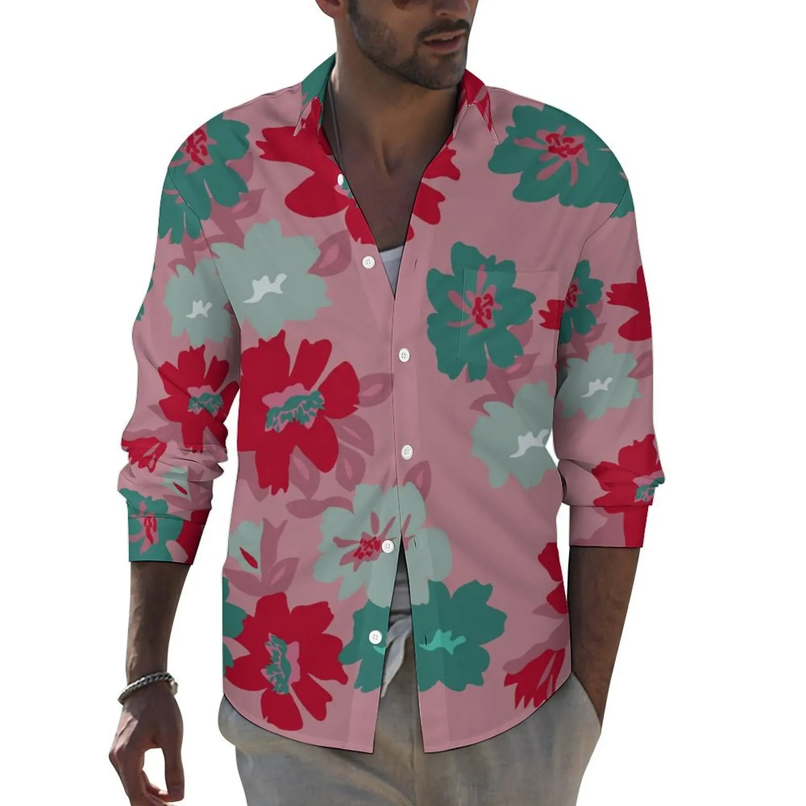 Colorful Flower Print Casual Shirts Men Retro Floral Shirt Long Sleeve Novelty Aesthetic Blouses Autumn Graphic Tops Plus Size