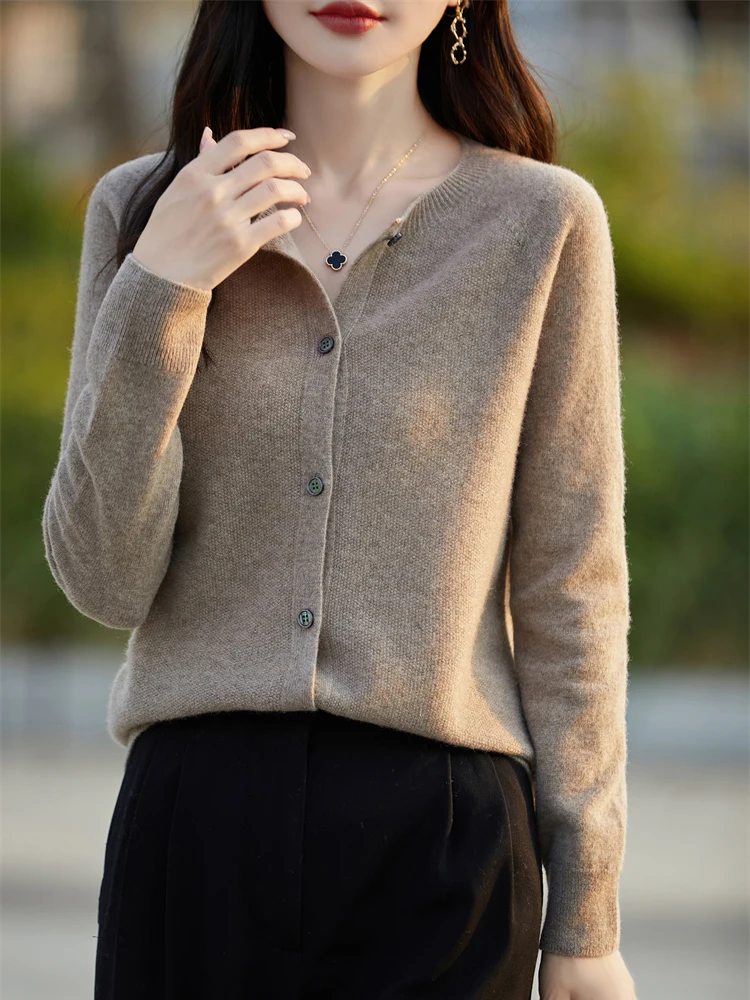 Aliselect Fashion Basic Merino Wool Women Sweater O-Neck Long Sleeve Cashmere Cardigan Spring Autumn Clothing Knitwear Tops