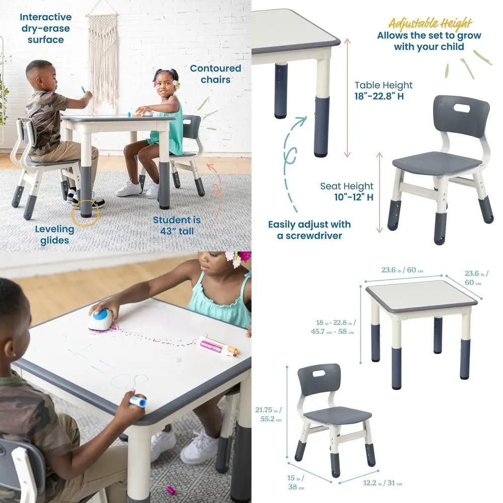 

Регулируемый серый детский квадратный стол для занятий с возможностью стирания, с 2 стульями, 3 предмета