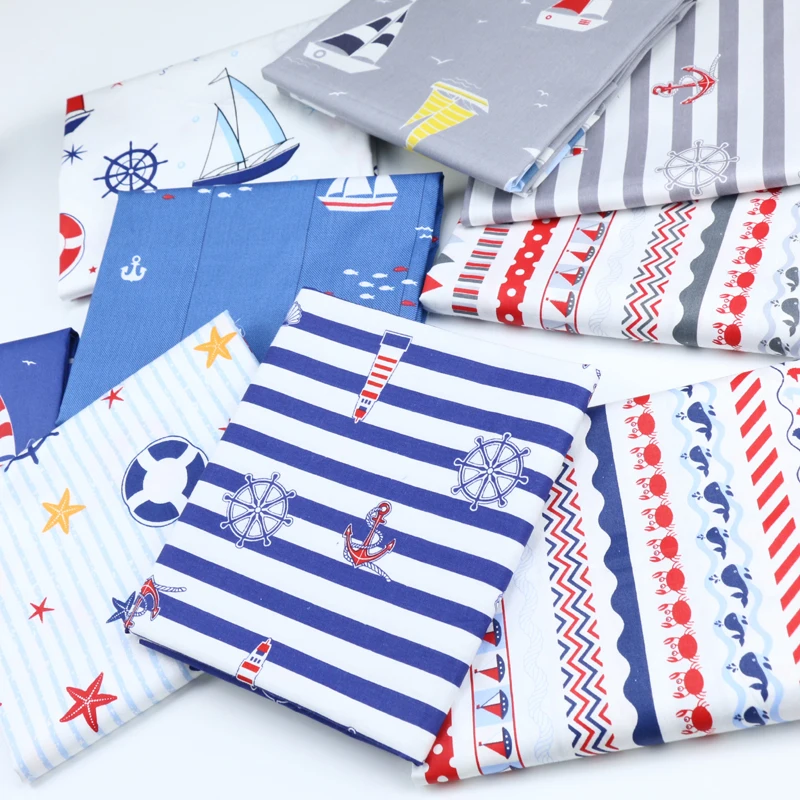 50*160cm Sailboat Printed 100% Cotton Fabric Meters For Children's Skirt Dresses Bed Sheet Sewing Cloth Telas D30