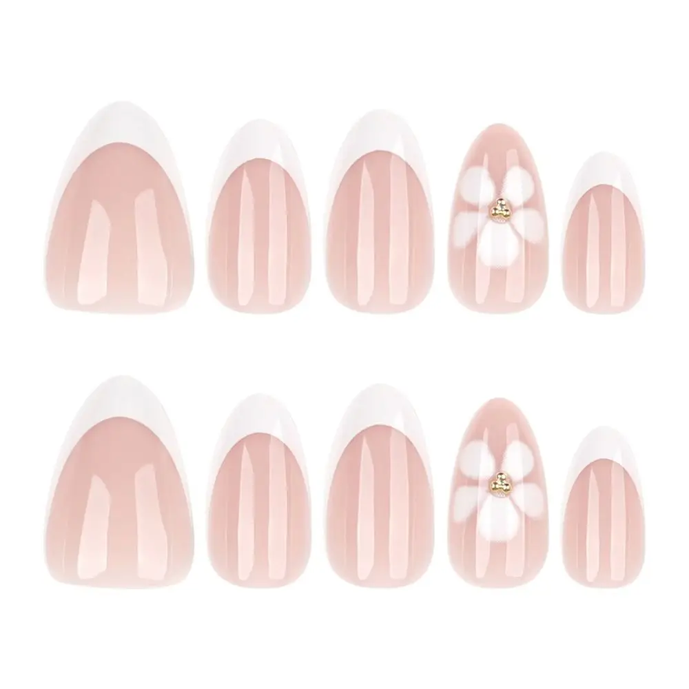 Faux ongles longs en amande, 24 pièces, motif Crocodile Rose Re, presse française sur les ongles, fleurs blanches simples, pointes irrégulières en feuille d'or