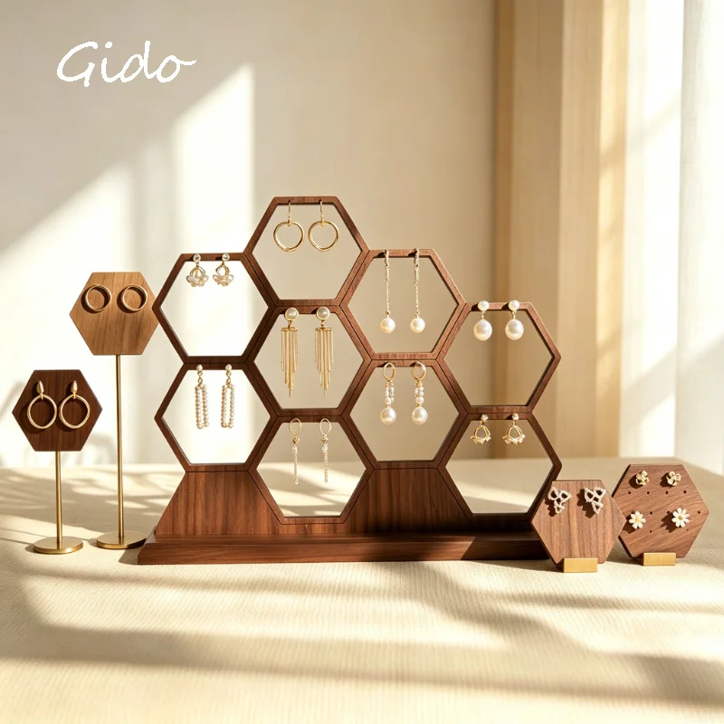 Hexagonal Earring Stand Creative Walnut Jewelry Display Stand Earring Shooting Display Props
