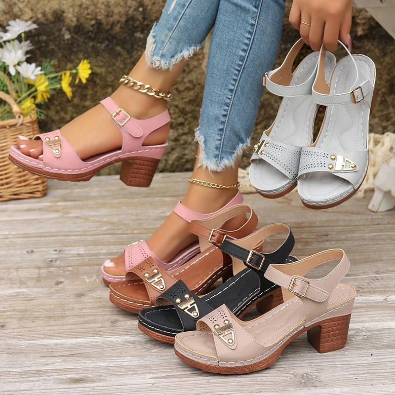 Summer New Metal Rivet Womens Chunky Sandals Buckle Hook Loop Strap Platform Zapatos Pu Leather Non Slip Sandals Woman