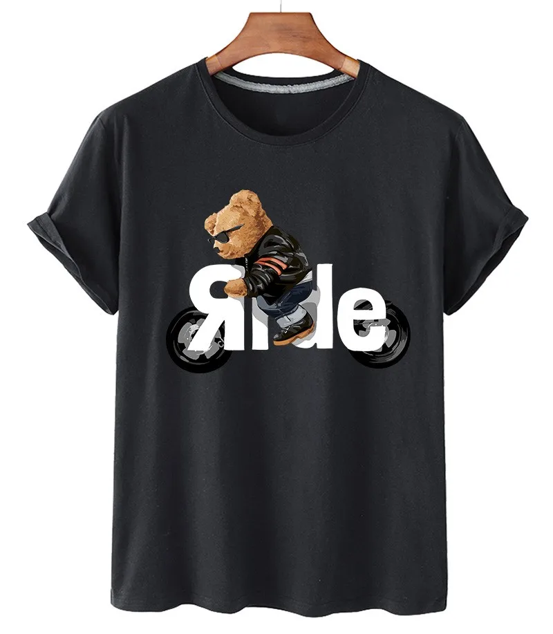 [Motorcycle Bear Series] 100% Cotton T-shirt Women's Short-sleeved O-neck T-shirt Men's Summer Plus Size T-shirt Unisex T-shirt