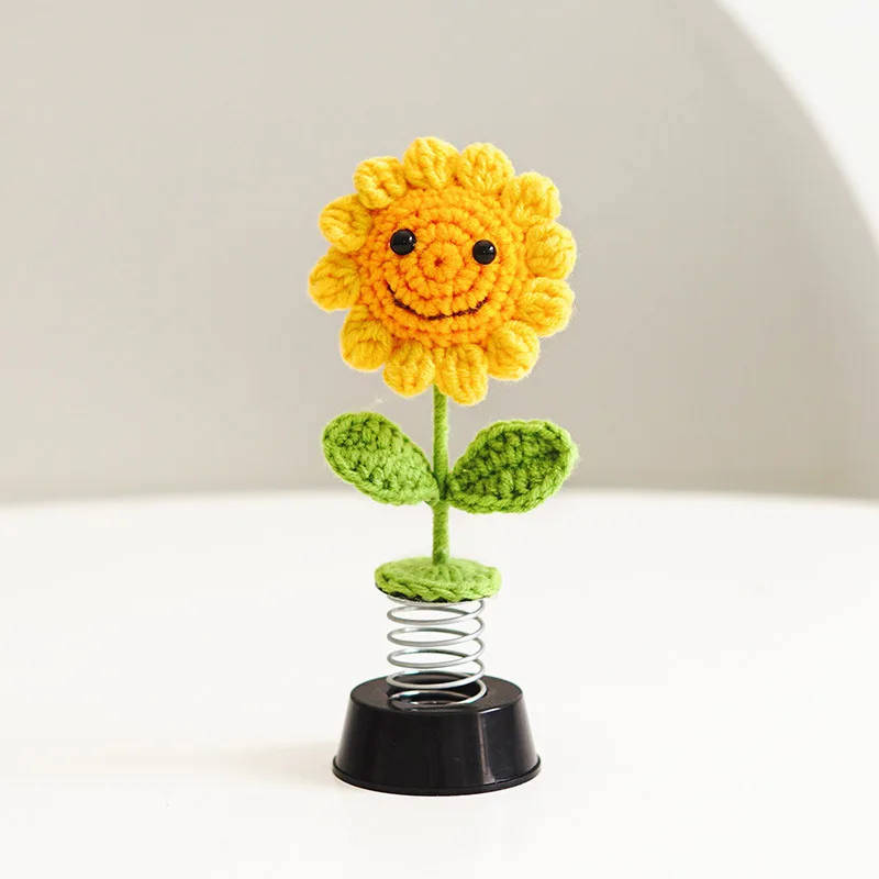 

Shaking Head Sunflower Car Accessories Dashboard Decorations Crochet Smiley Sun Flowers Beetle Car Decor for Women Knitting Toy