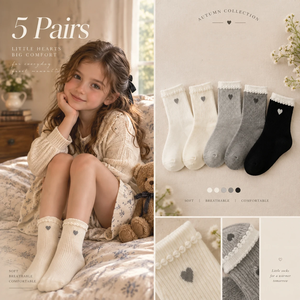 5 Pairs Girls Crew Socks, Heart Embroidery Ruffle Trim Socks, Soft Breathable Mid Calf Socks for 1-14Y Kids Daily Wear