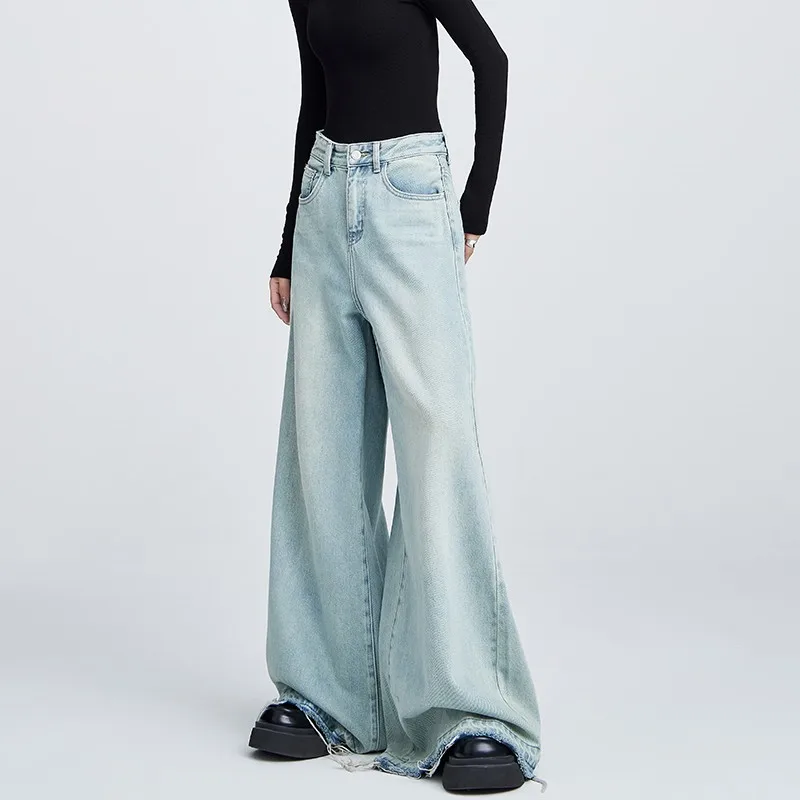 

WCFCX STUDIO Baggy Floor-length Jeans for Women Y2K Streetwear High Waist Fashion Jeans Blue Women wide leg Clothing Trousers