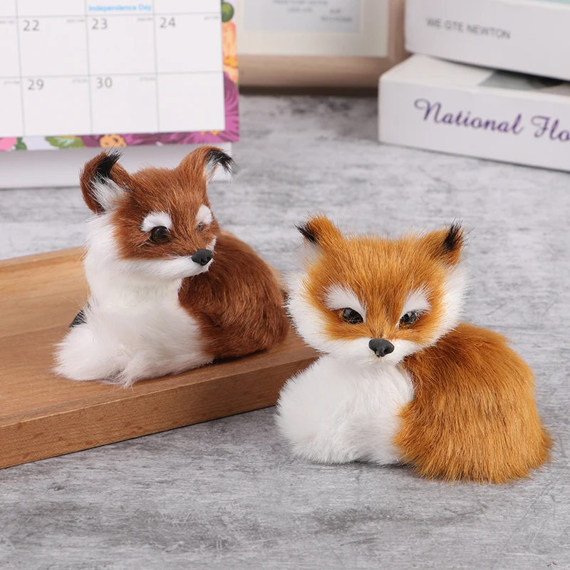 Simulation Fox Ornament Mini Squatting Fox Model Plush Animal Figurine Doll Toy Home Decoration