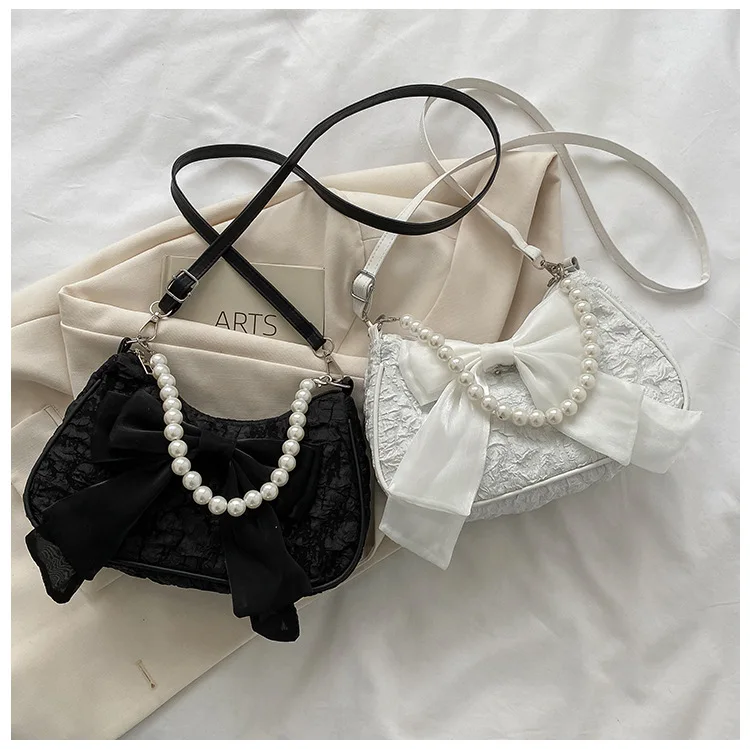 

White Folds Pearl Female Bag Retro Luxury Designer Handbag Bow Crossbody Bags Fashion Y2K Vintage Women's Shoulder Bag Purses