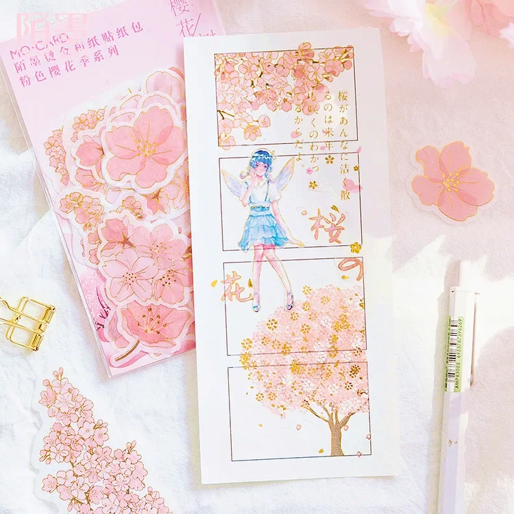 Bronzing Washi Paper Stickers Pink Cherry Blossom Sakura Season Series Ins Style Handbook Decorative Stickers Pack