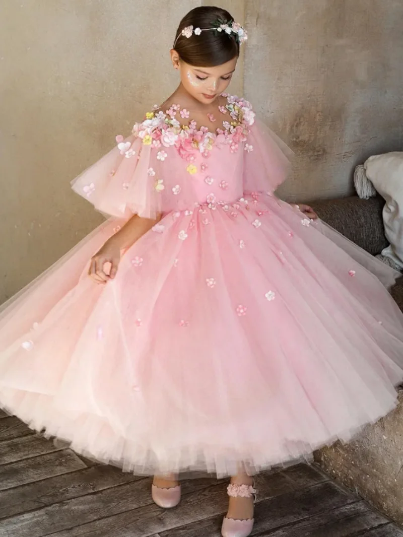 Pink Princess Dress Flowers Wedding Shaggy Gauze Dress Children's Birthday Party Dress Girls Pageant Prom Gowns