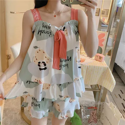 Korean Version Camisole Pajama Two-piece Set for Women Casual Cartoon Student Girl Bow Home Outfit