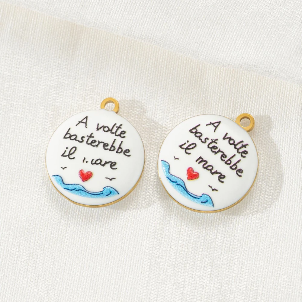 2 Stück Keramikanhänger mit italienischen Worten „Love“, geometrische runde Emaille-Anhänger aus Edelstahl für DIY-Halsketten, Armbänder und Damenschmuck – Detail 7