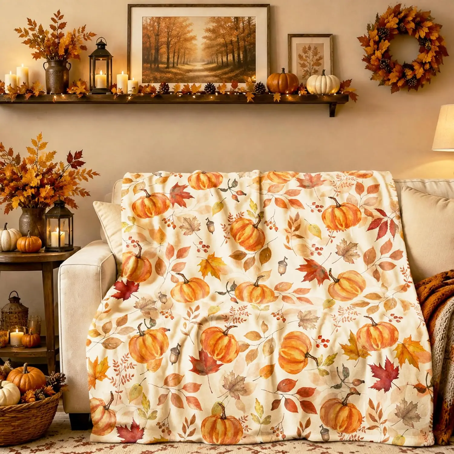 Fall Blanket, Orange Thanksgiving Fall Pumpkin Maple Leaf Blanket, Flannel Soft Warm Cozy Blanket for Sofa and Chair 50x60inch