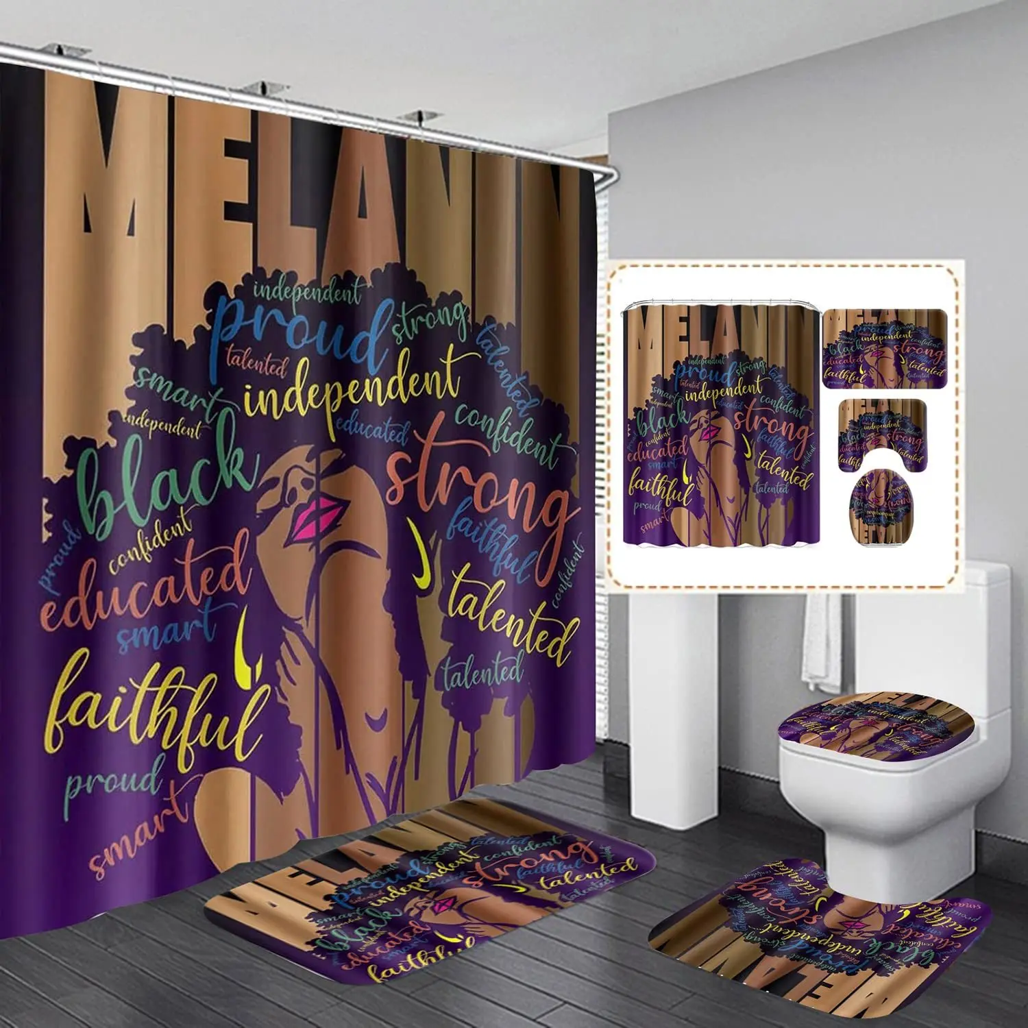 

Melanin Pride Inspirational Bathroom 4-Piece Set: Shower Curtain, Bath Mat, Toilet Cover, and Tank Cover – Empowering Home Decor