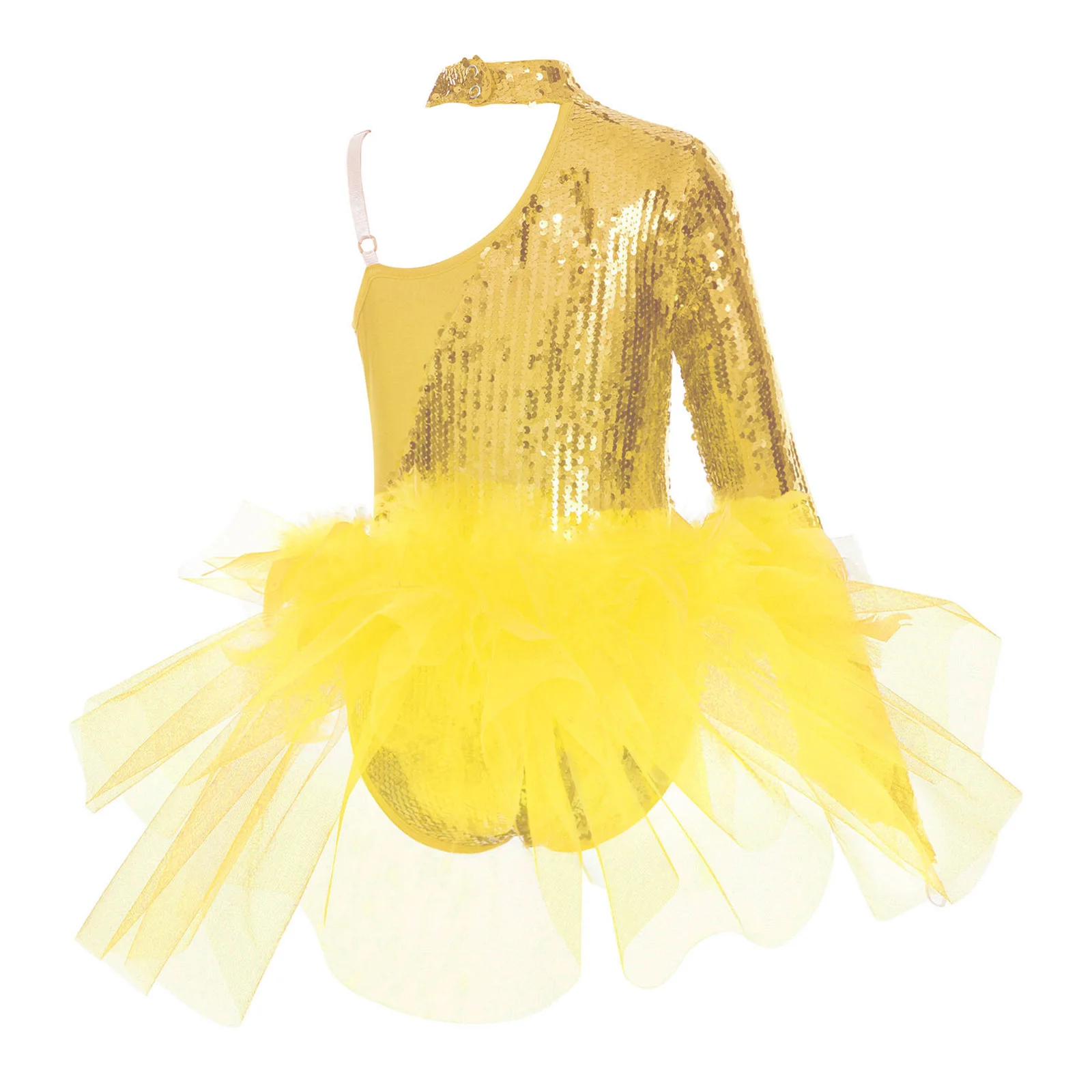 Fantasia de Dança Jazz para Meninas com Lantejoulas Brilhantes e Plumas, Vestido de Ginástica e Patinação Artística com Saia Tutu