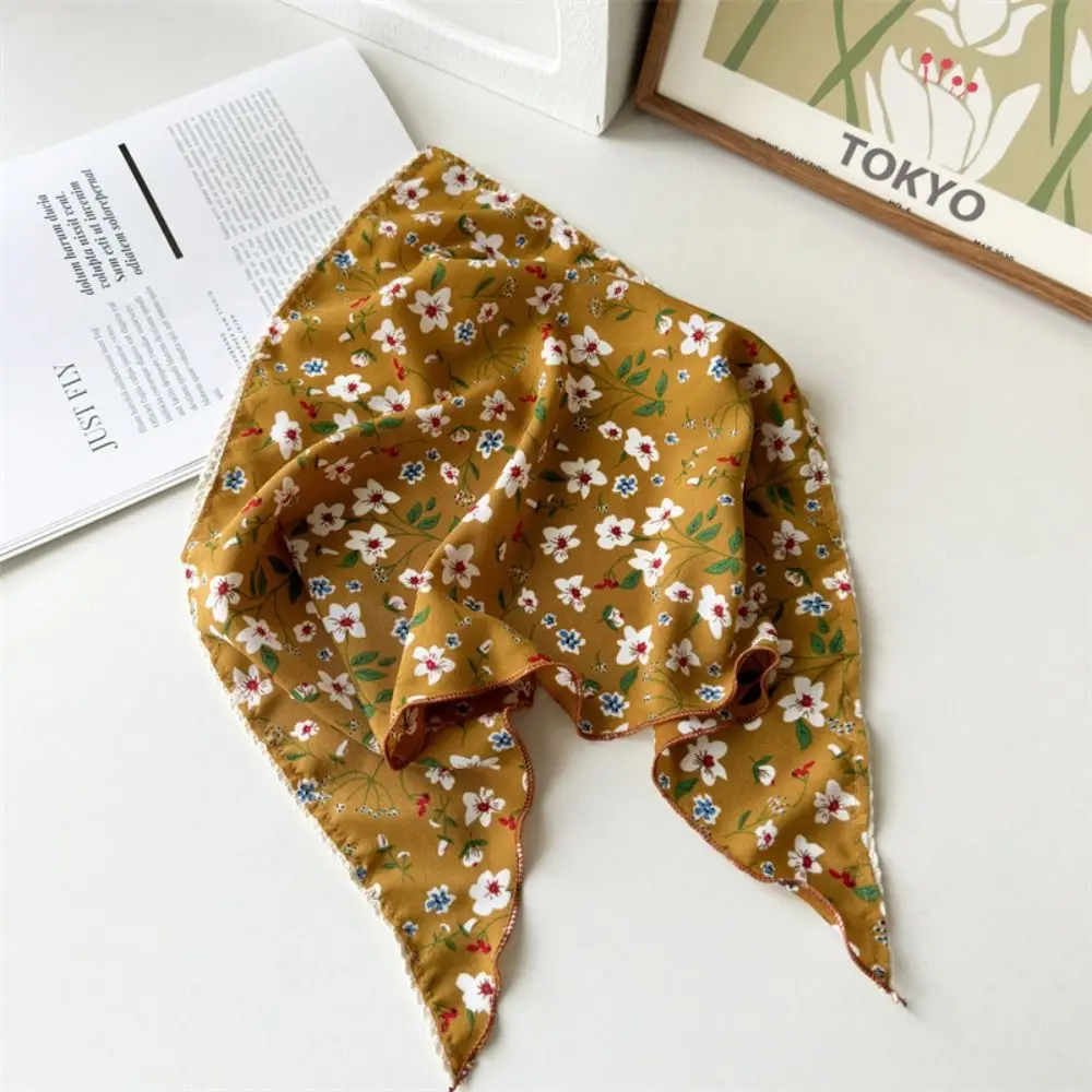 Fashion Beach Flower Print Hair Scarf Floral Lace Trim Triangular Headscarf Versatile Breathable Triangle Headband Summer