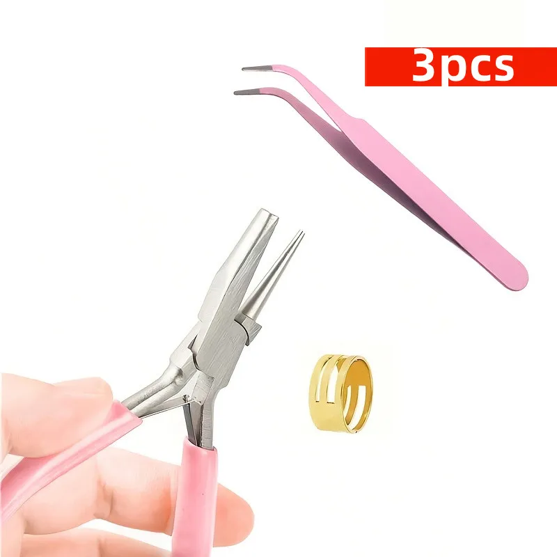 3pcs Pink Jewelry Pliers Paired With Pink Tweezers and an Auxiliary Ring Can Be Used to Make Various Jewelry Accessories