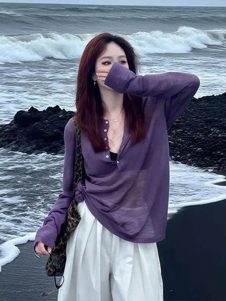 plus Size Summer Lightweight Long Sleeve T-Shirt for Plump Women Sun Protection Casual Loose Fit Polyester Fabric Blue Top