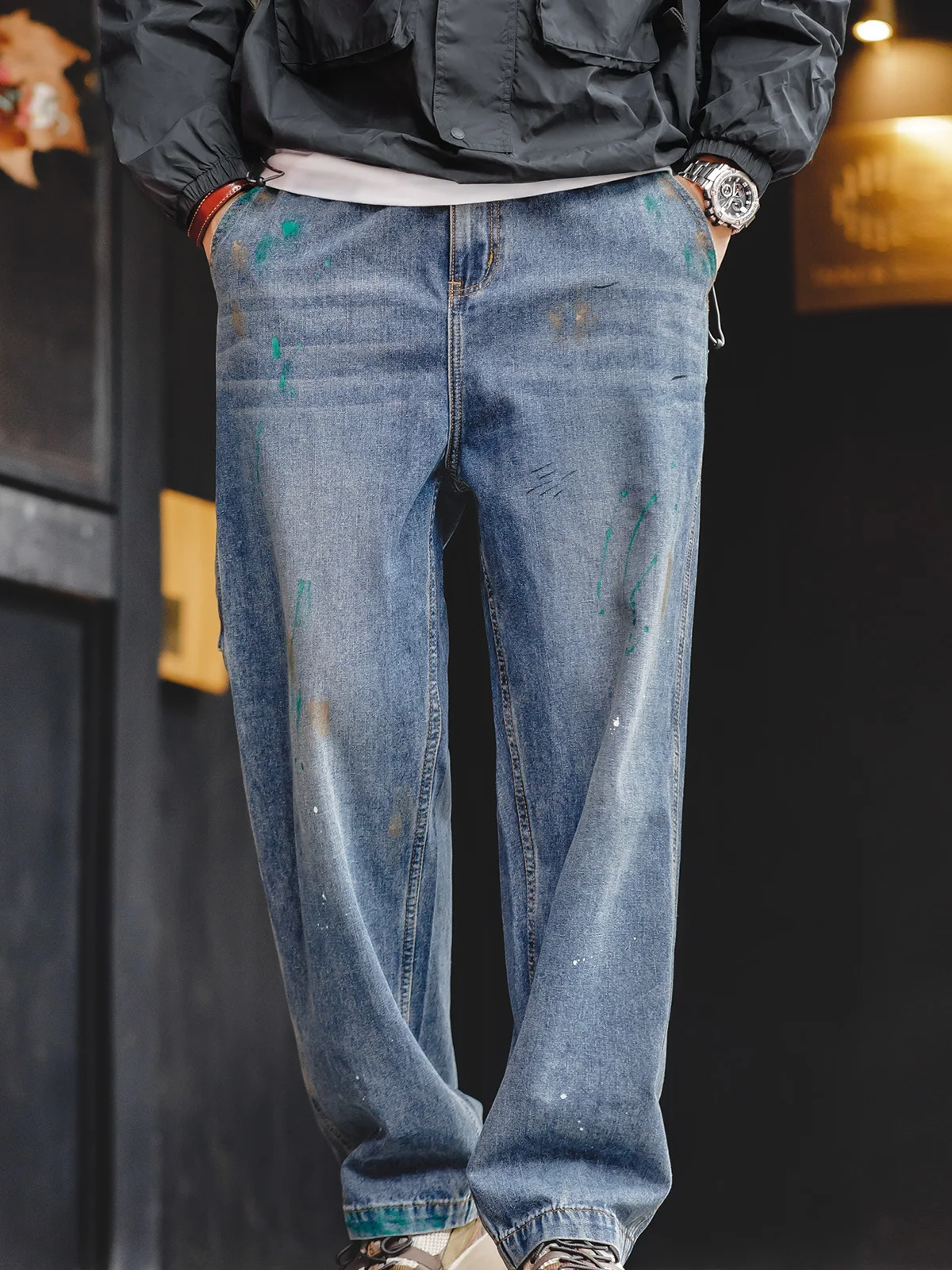 

Джинсы Maden American Retro Fit из денима, светло-голубые, с бамбуковым узором, прямого кроя, мужские, весенние, повседневные, хлопок/полиэстер