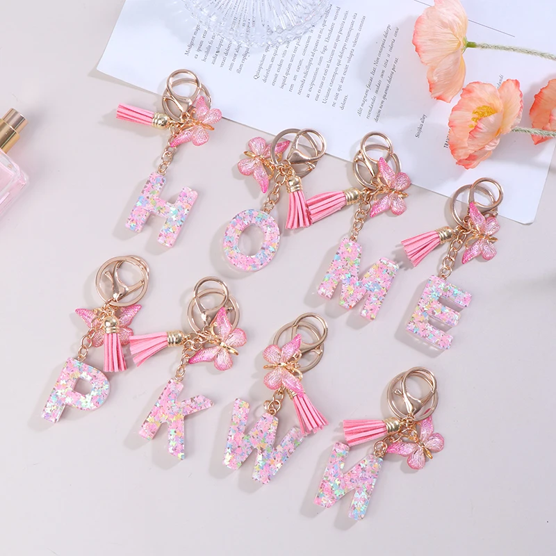 A-Z Dreamy Sequin Letters Keychain For Women Tassel Butterfly Pendant Initial Keyring Purse Suspension Bags Charms Car Key Chain