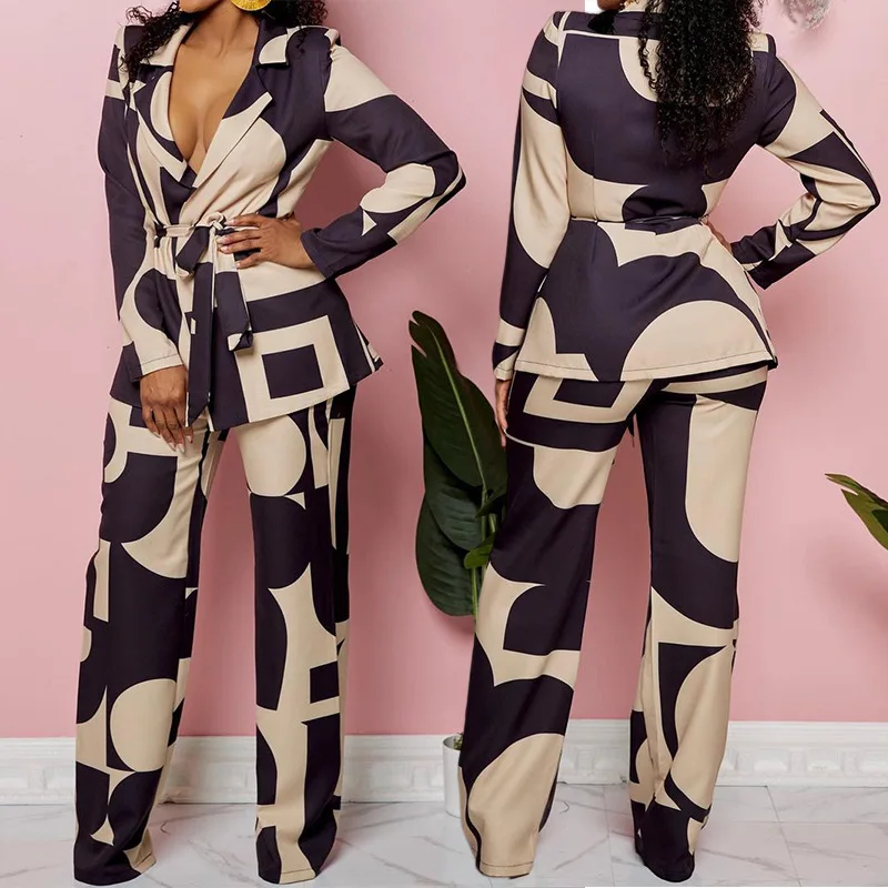 

Tesco Fashion Woman Pantsuit V Neck Blazer Pants Print Belt Female Jacket Autumn Two Piece Set For Holiday conjunto femininos