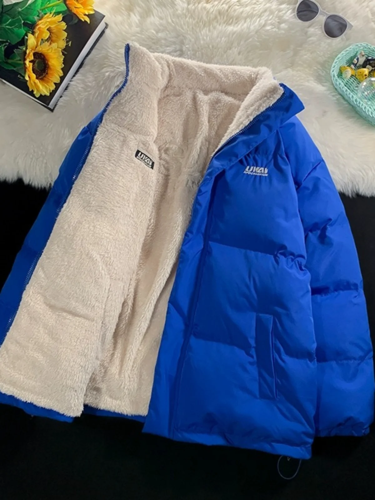 

Klein Blue Double-Sided Wear Cotton Jaet Men's Winter Lamb Velvet Thiened Embroidered Cotton Coat Warm Youth Casual Sle