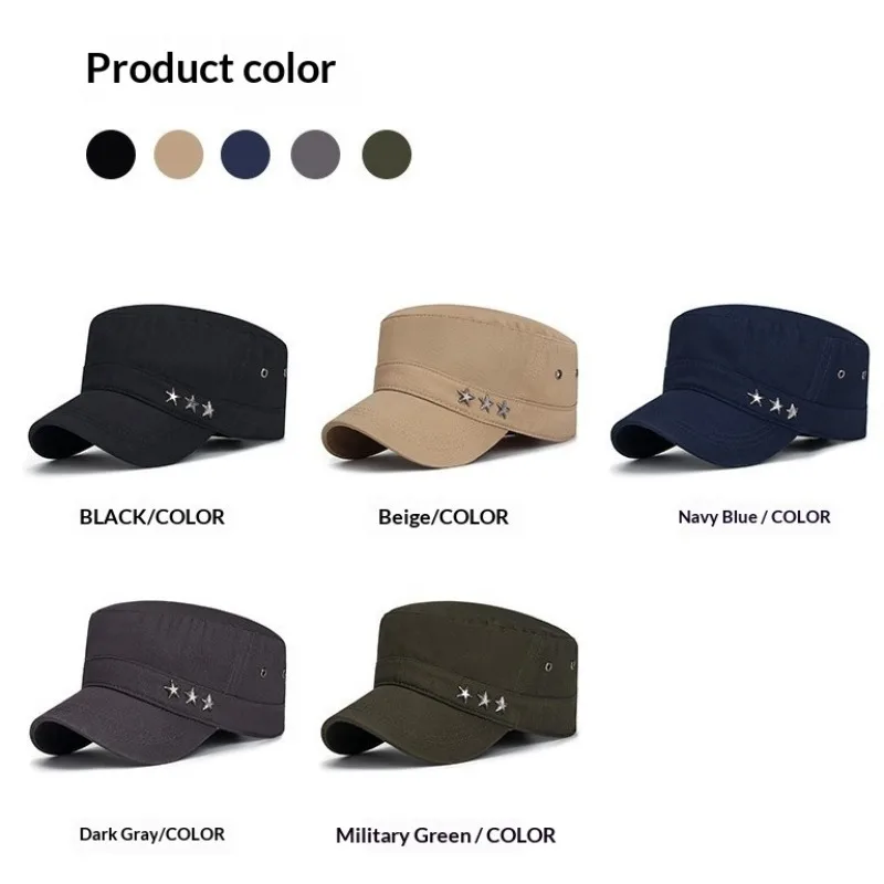 Military Cadet Flat Top Army Caps for Women Men High Quality Military Hat Solid Black Sun Hat Five-Pointed Star Decoration Visor