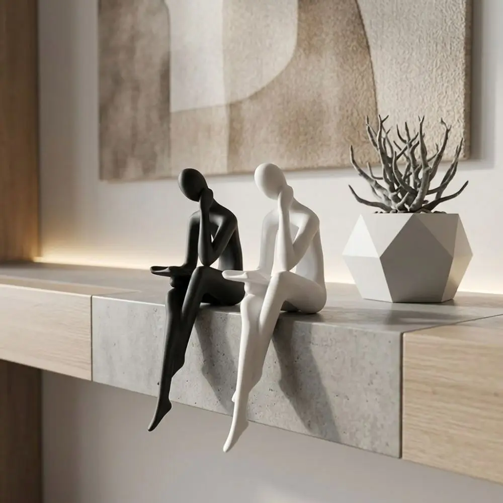 Minimalist Abstract Thinker Sitting Figurine Plastic Long Leg Reading Figure Statue Aesthetic 3D Printing Tabletop Human Decor