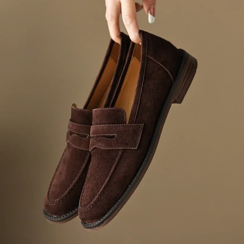 JOZHAMTA Size 34-43 Women Casual Flats Loafers Suede Cow Leather Chunky Low Heels Shoes Spring 2025 Retro Slip On Daily Office