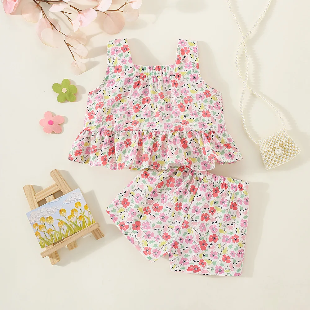 Summer New Baby Girl Floral Two-Piece Set Sweet And Cute Children'S Sleeveless Clothes (9 Months -3 Years Old)