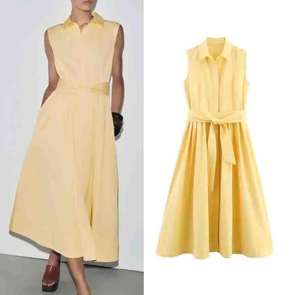 

Women's New Fashion With Belt Casual Single breasted Shirt Style Midi Dress Retro Sleeveless Side Pocket Women's Dress