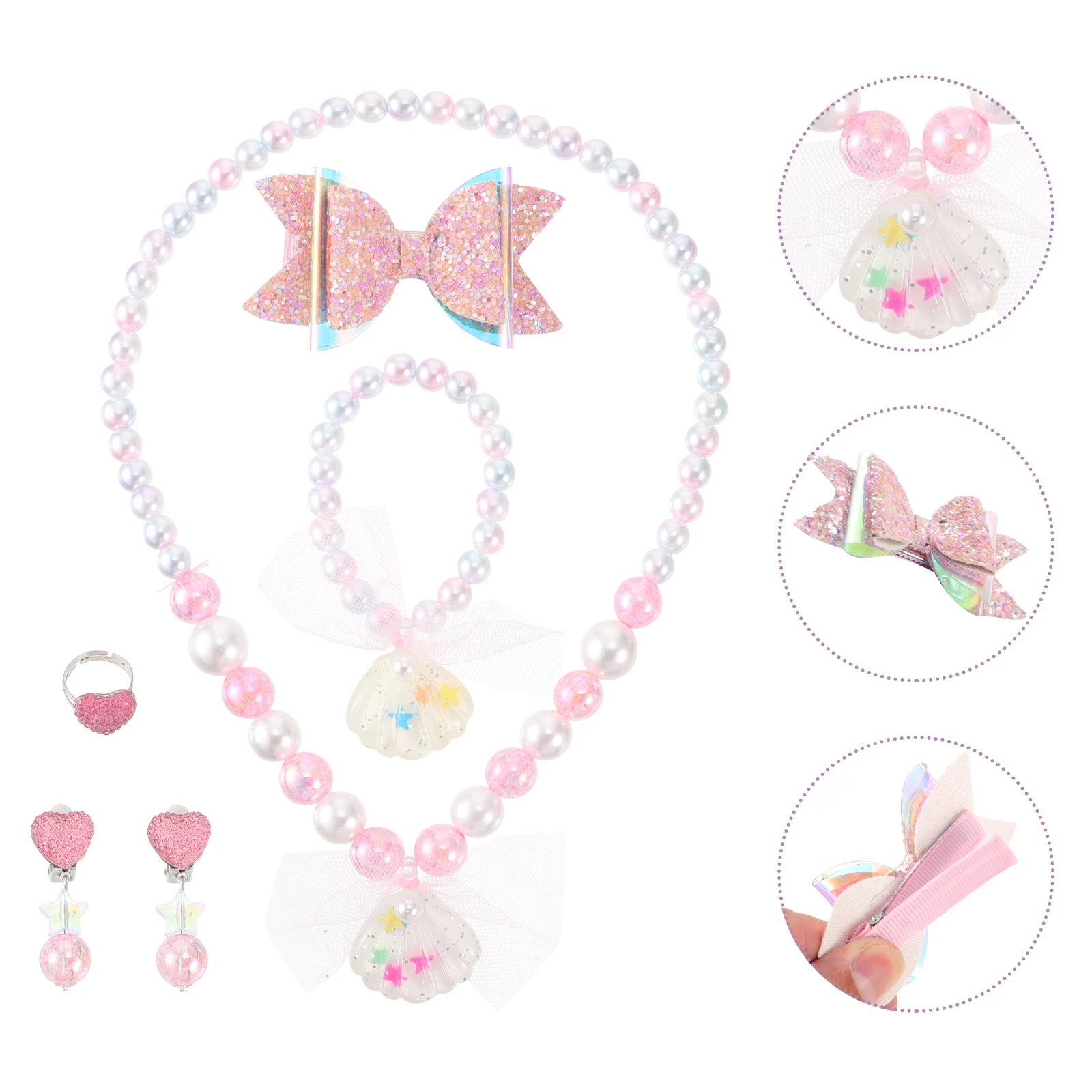 

6 Pcs/ Shell Pearl Necklace Bracelet Set Lightweight Jewelry Hand Chain Beaded Texture Present Finger Ring Plastic Kid