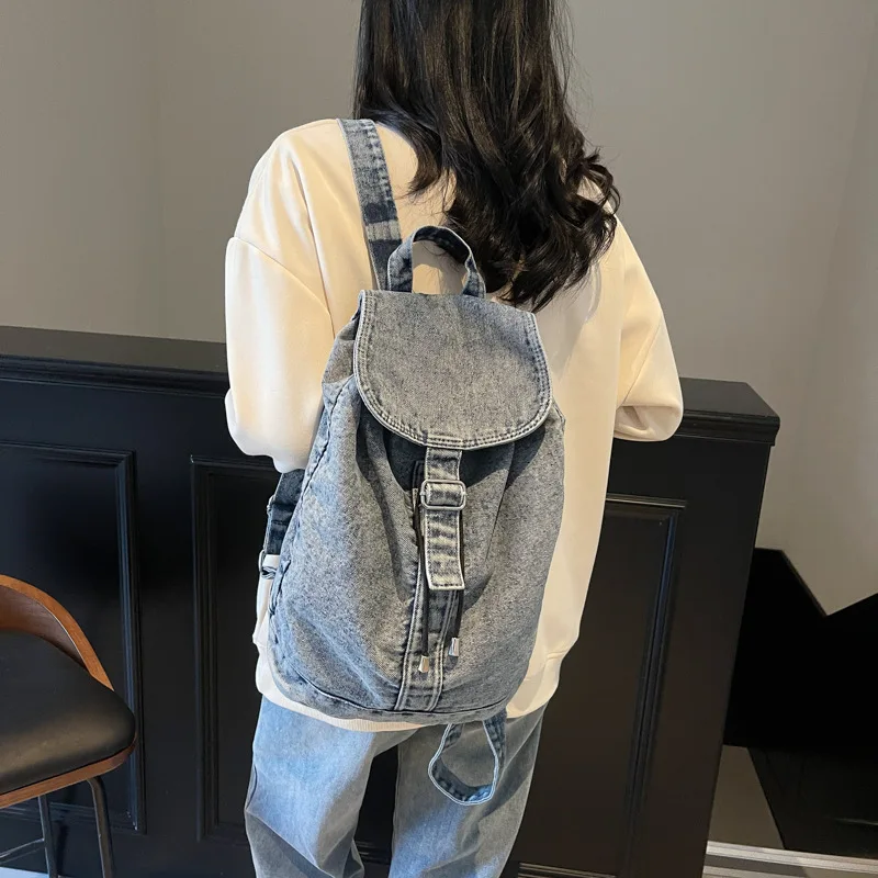Retro Washed Denim Backpack Large Capacity Canvas Bag Fashion Unisex Travel Design