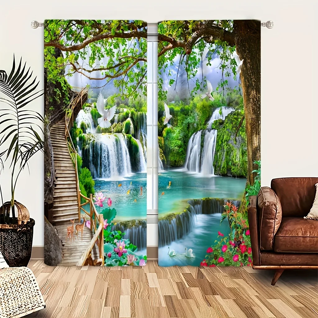 

2panels, Beautiful Forest Scenery Natural Curtain Waterfall Landscape Living Room Curtain Suitable For Living Room Bedroom Decor