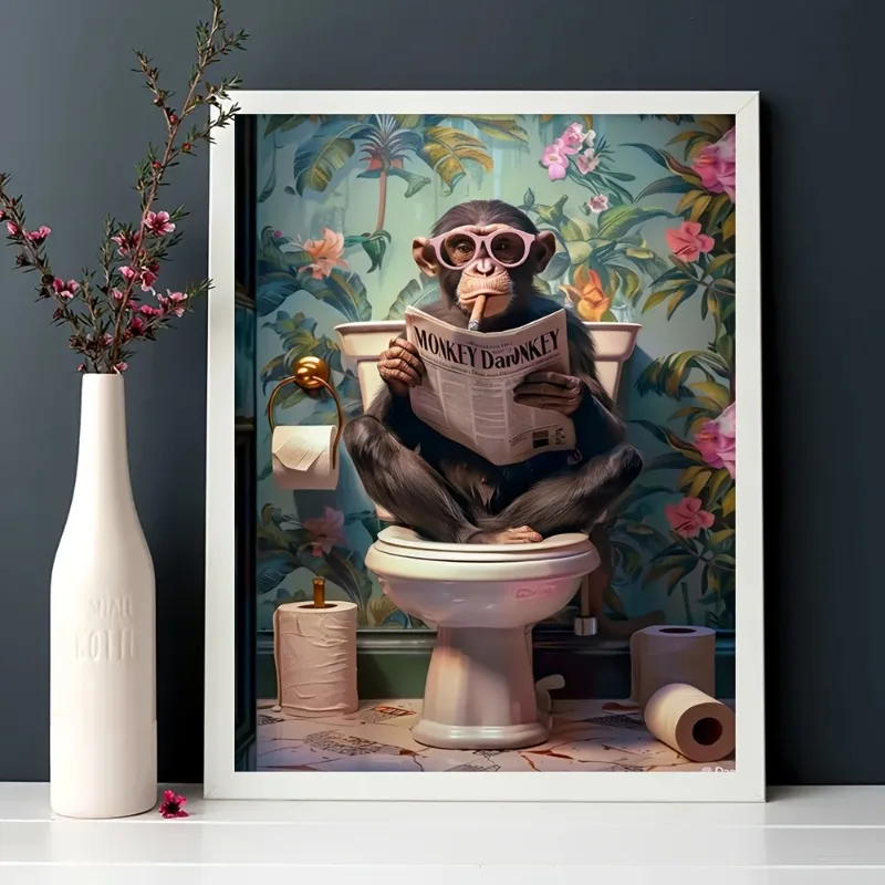 Humorous Monkey on Toilet Reading Newspaper Wall Art Poster, Frameless Modern Animal Art Print for Home Decor, Canvas Wall Art