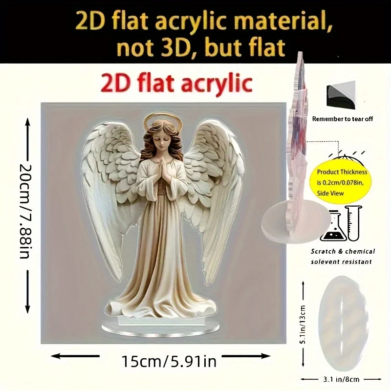 2D Flat, 2D Flat Bohemian Angel Acrylic Statue Print - 2D Flat Printed Angel Figurine with Golden Halo & Serene Expression, Perf