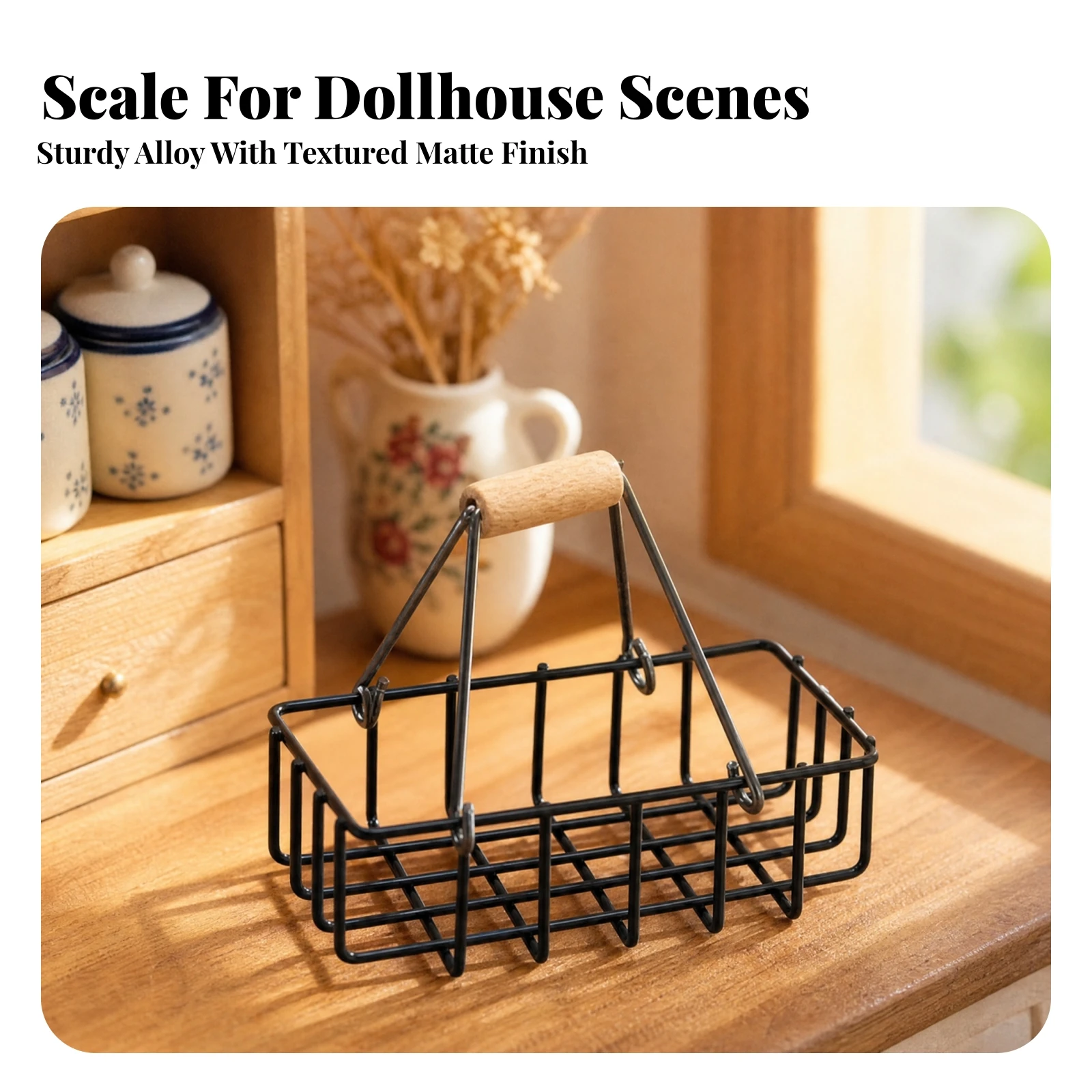 Miniature Black Alloy Hand Basket Collectible Miniature Market Basket with Wood Grip Handle Realistic for BJD Collectors