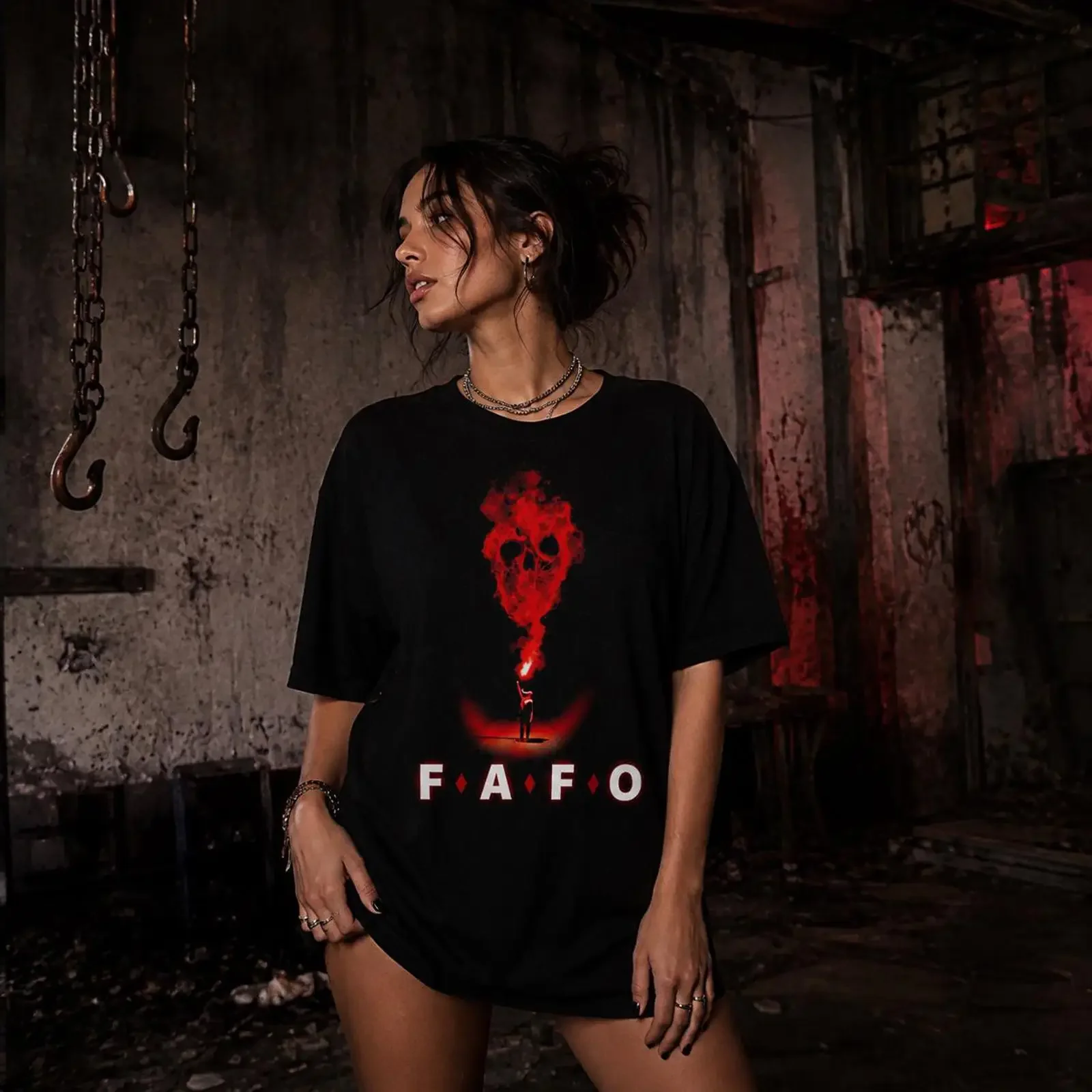 FAFO Red Smoke Skull T Shirt Streetwear Oversized Alternative Fashion Casual Grunge Top  vintage Washed Soft graphic Slightly