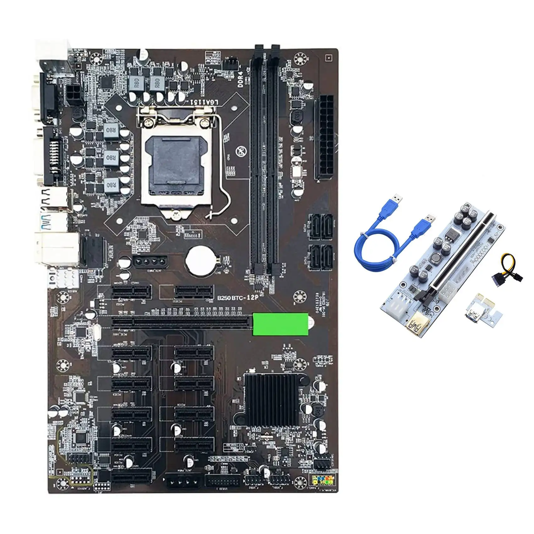 Placa-mãe de mineração btc b250 com cartão riser ver010x 12x slot para cartão gráfico lga 1151 ddr4 usb3.0 para minerador btc