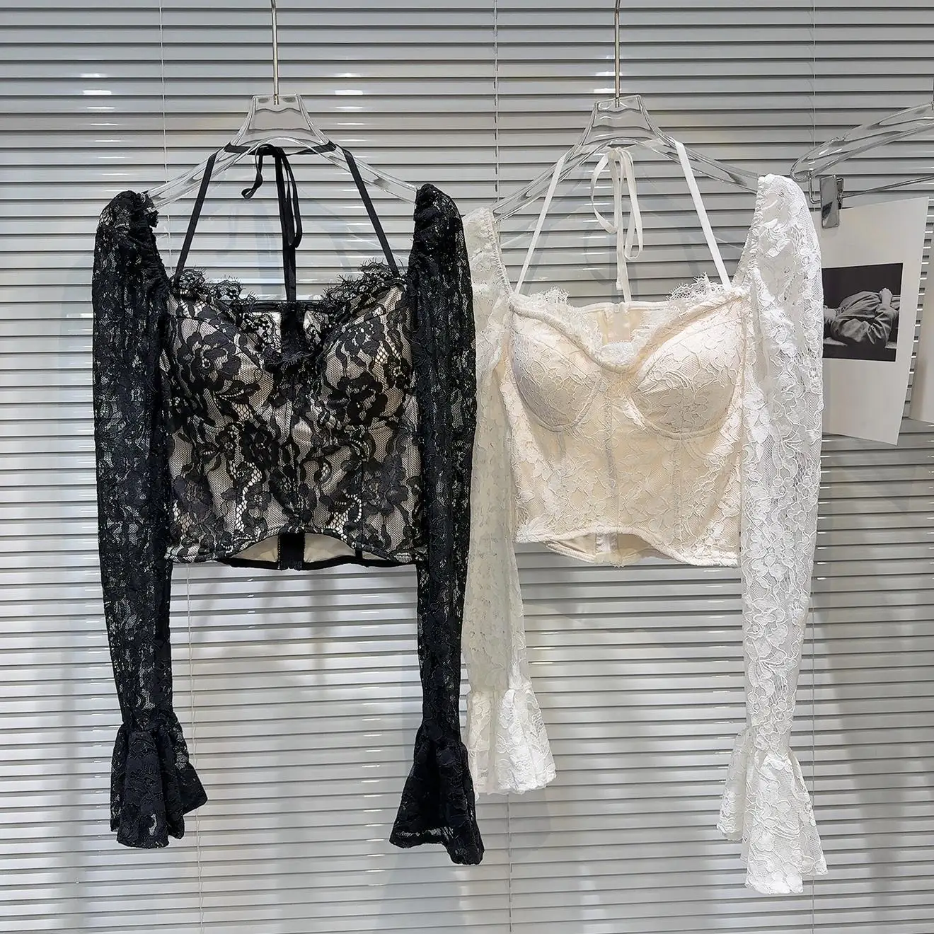 

French Sle Lace irt Low Ne Design Ribbon Tie Nelines ort Length Pure Color Long Sve Женский топ премиум-класса Faion