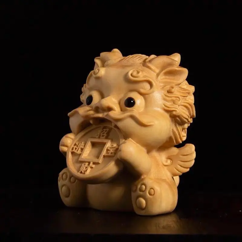 Yellow Poplar Wood Carving Swallowed The Gold Beast To Attract Wealth and Prosperity Lovely Handles Chinese Home Office Ornament