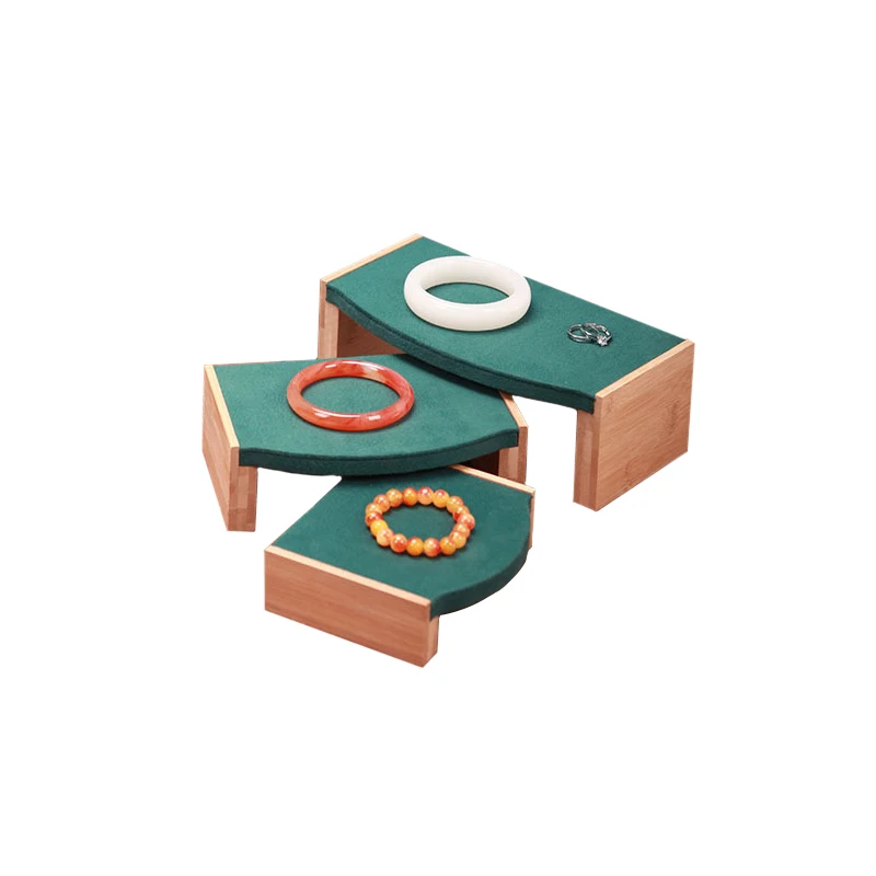 

3Pcs/Set Bamboo Dark Green Velvet Jewelry Display Organizer Rack Bracelet Rings Earings Pendant Necklace Display Tray