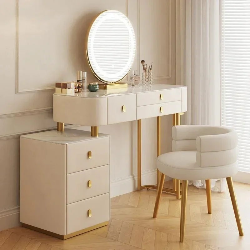 #Modern White Makeup Vanities Table Set With Smart Mirror Slate Top Modern Dressing Desk Wooden Bedroom Furniture