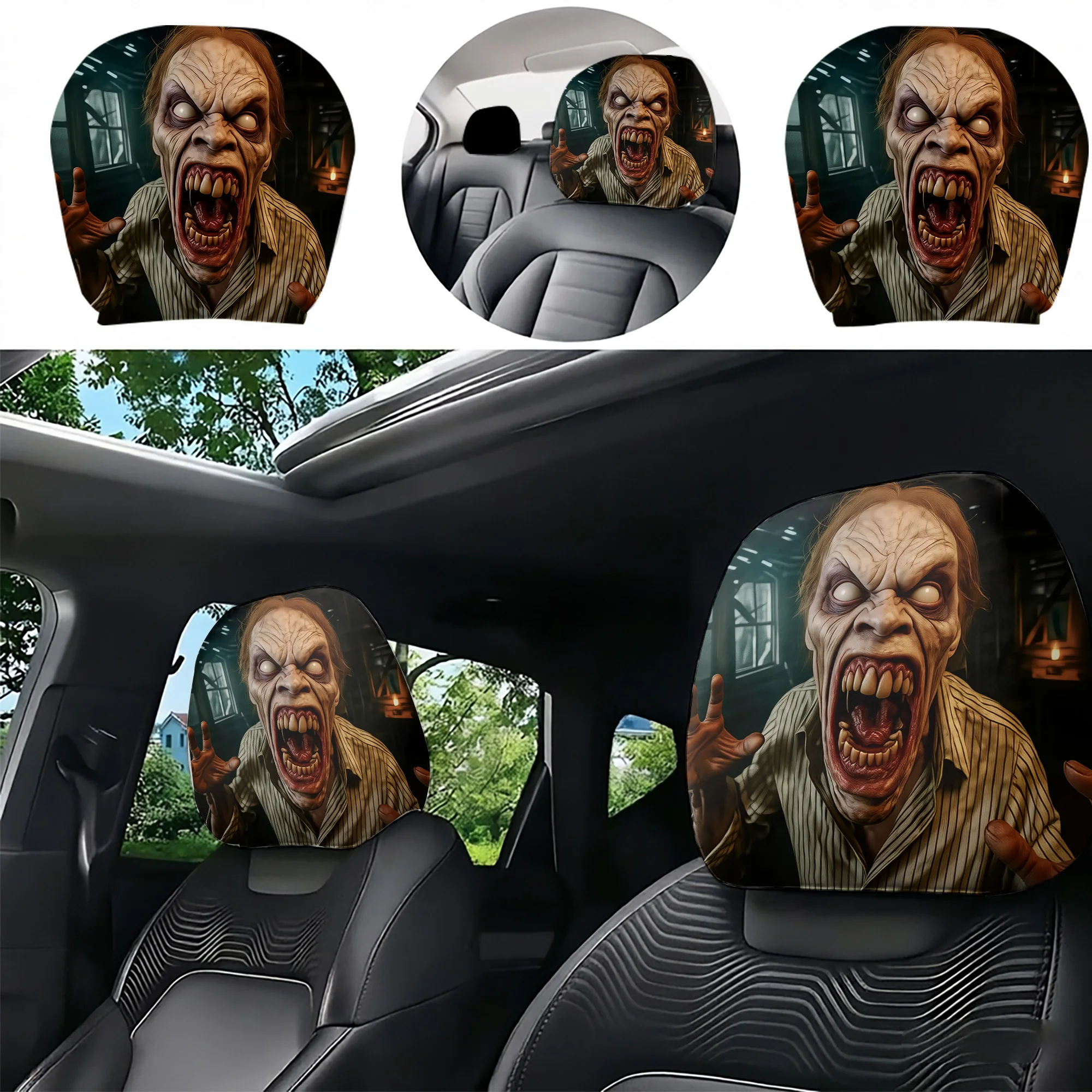 2pcs car headrest covers with a scary zombie design, adding a touch of eerie atmosphere to your car’s interior. Does not include