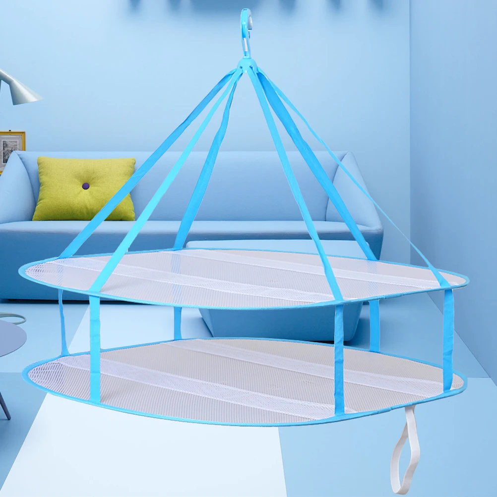 

2 Tier Foldable Basket Hanging Clothes Storage Mesh Laundry Dryer Sturdy Steel Wire Ring Indoor Outdoor Nylon Breathable Hanging