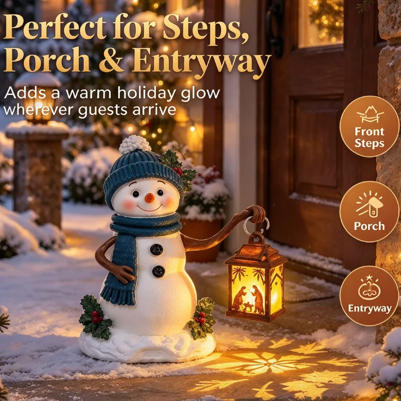 15cm Light Up Christmas Snowman Statue with Knit Hat Scarf Warm Glow LED Lantern Indoor Outdoor Christmas Decor Ornament