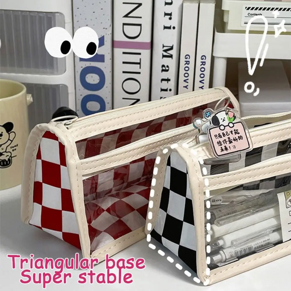 

Transparent Checkerboard Pattern Pen Case PVC High Capacity Kids' Pencil Cases Multifunctional Cute Lattice Pencil Bag